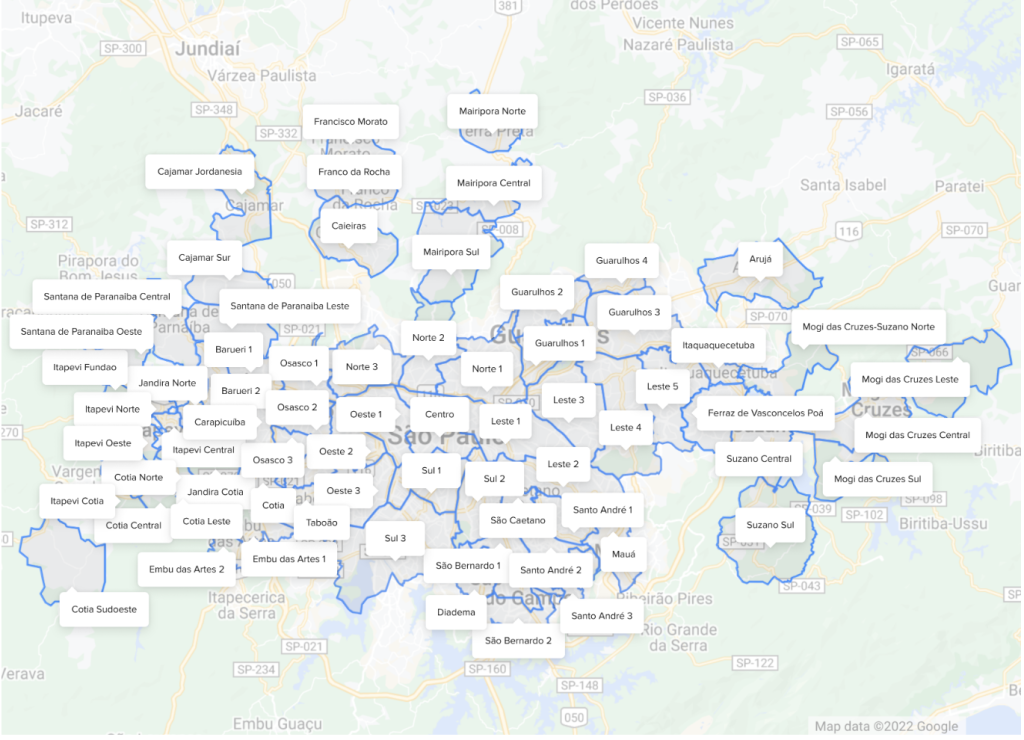 Mapa de cobertura de entrega da RM Transportes em São Paulo e Grande São Paulo